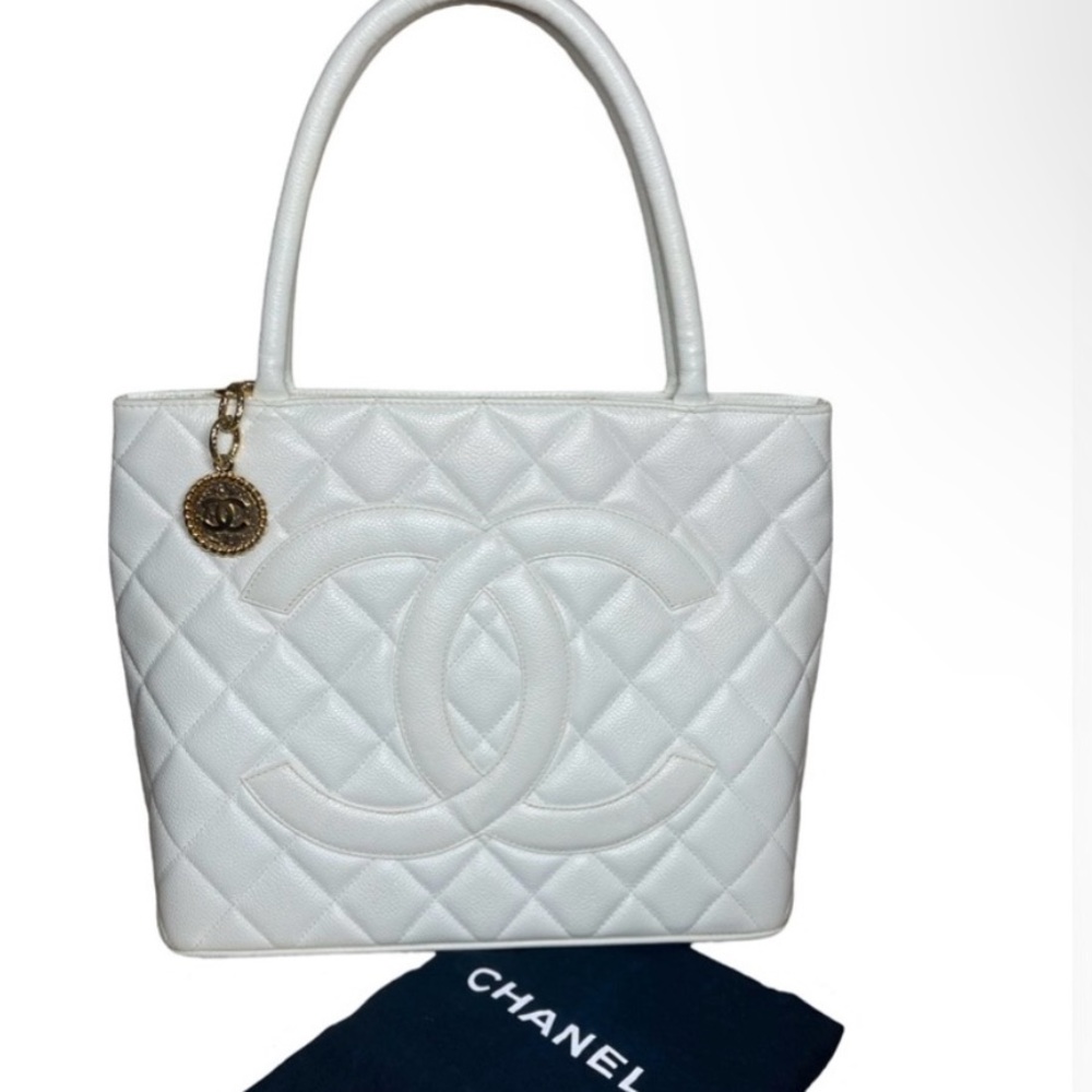 White Chanel medallion Tote with dust bag and original cards ~ 12” x 10” x 5.6”